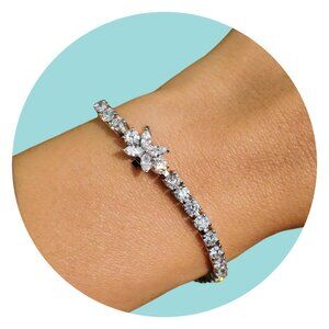 Tennis Bracelet with Marquise Flower Pendant, 18K White Gold, Cubic Zirconia.
